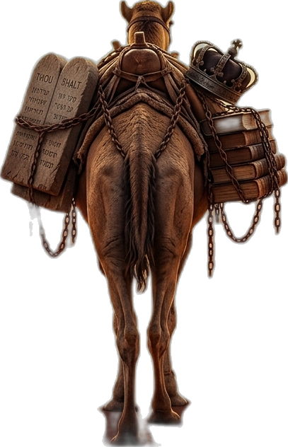 A camel walking away into the desert, loaded with stone tablets reading THOU SHALT, a crown, books and chains.